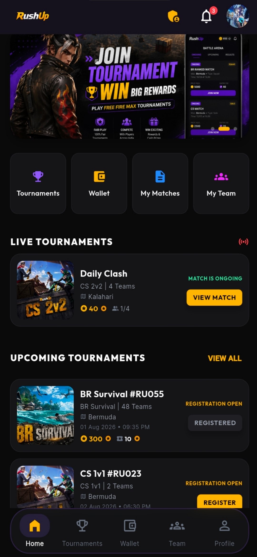 RushUp App Interface - Tournament Match List